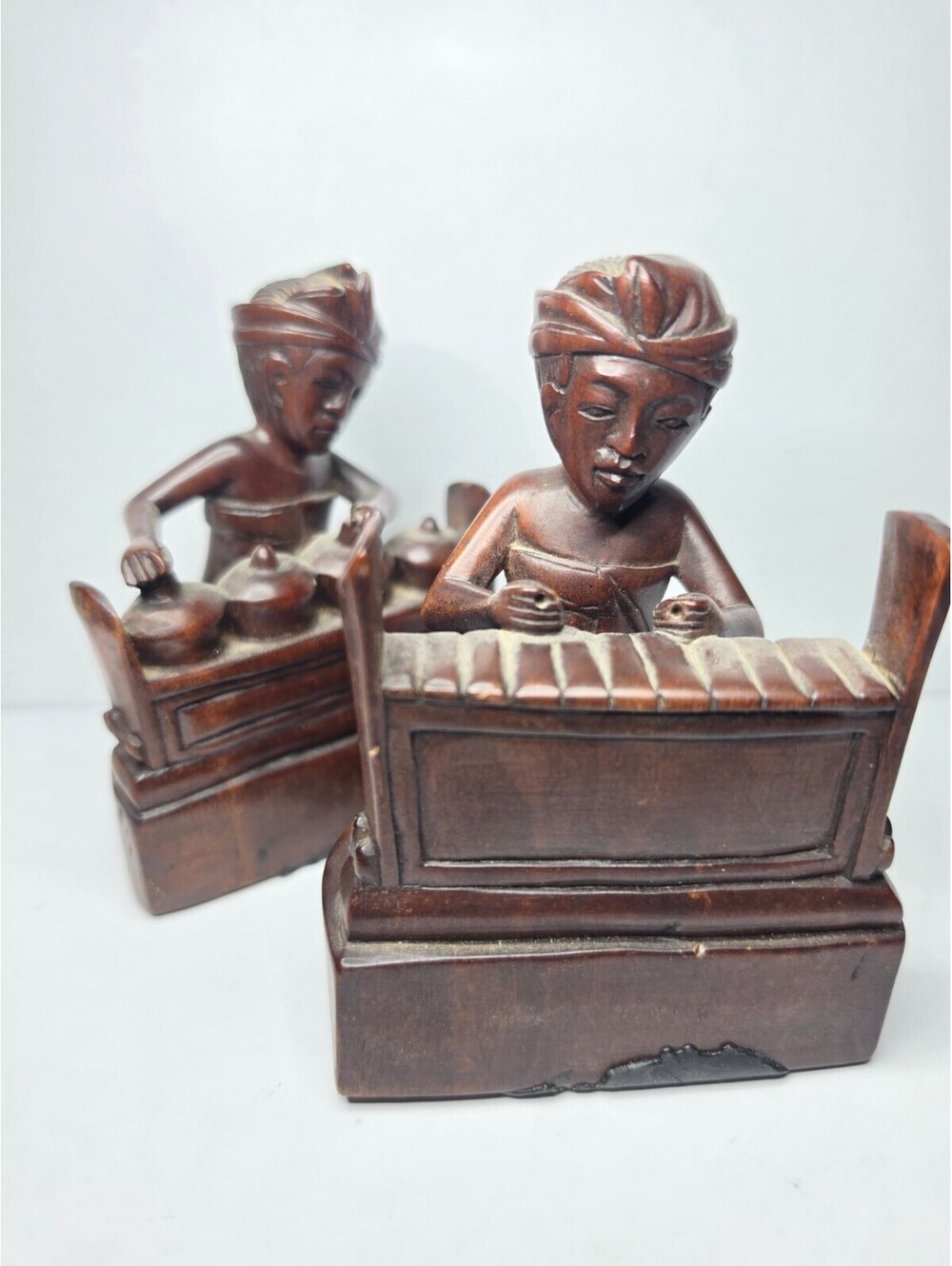 Vintage Bali Indonesian Carved Wood Musician Figures 4" Pair